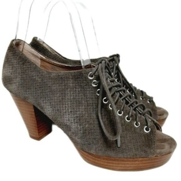 JEFFREY CAMPBELL Roosevelt Handmade Havana Suede Peep-toe Heels Taupe Sz 6.5 M - Picture 1 of 12